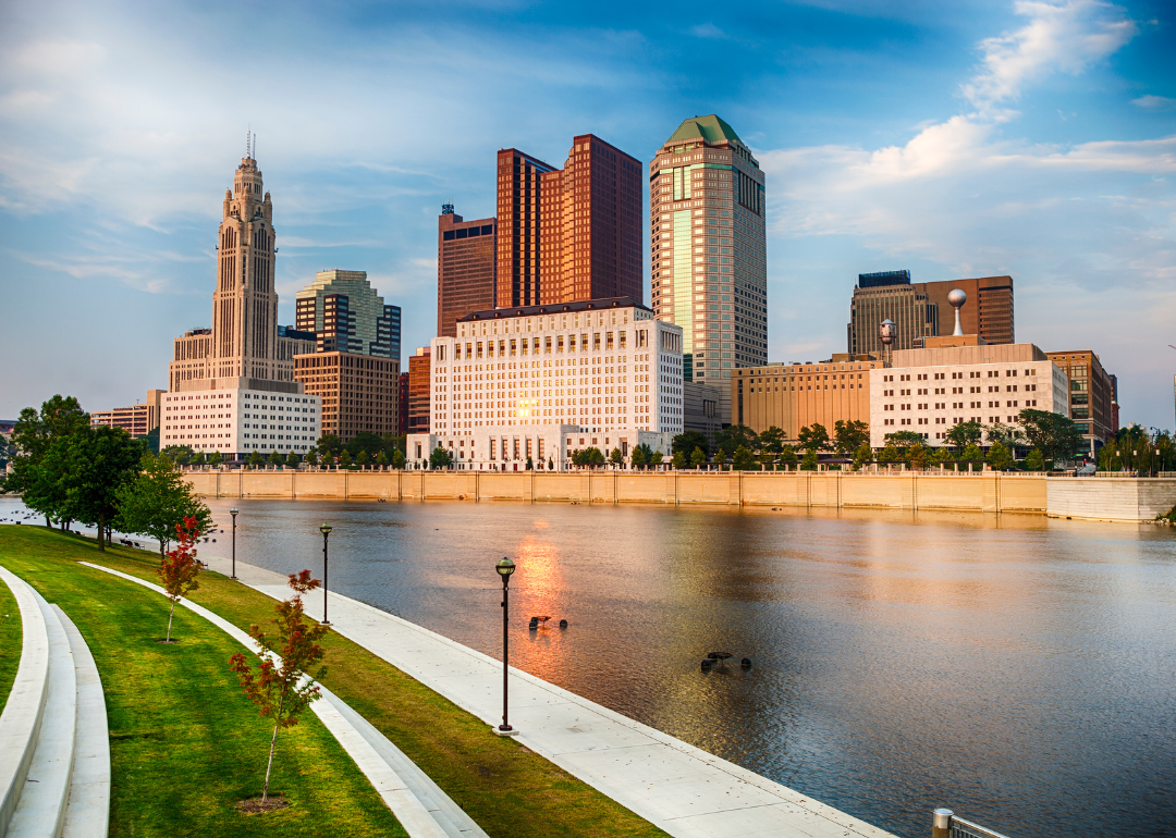 Columbus' skyline as seen on a sunny day from across the Scioto River.