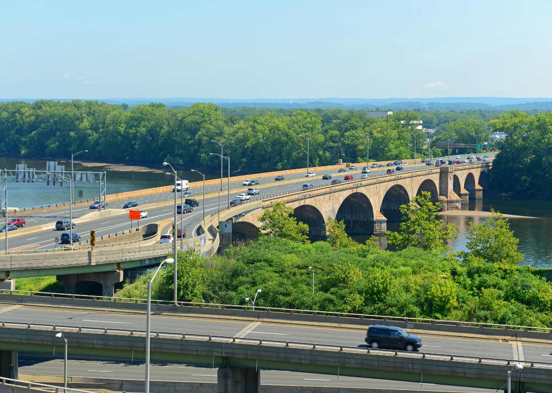 Bulkeley Bridge crossing the Connecticut River on Interstate Highway 84 in downtown Hartford, Connecticut.