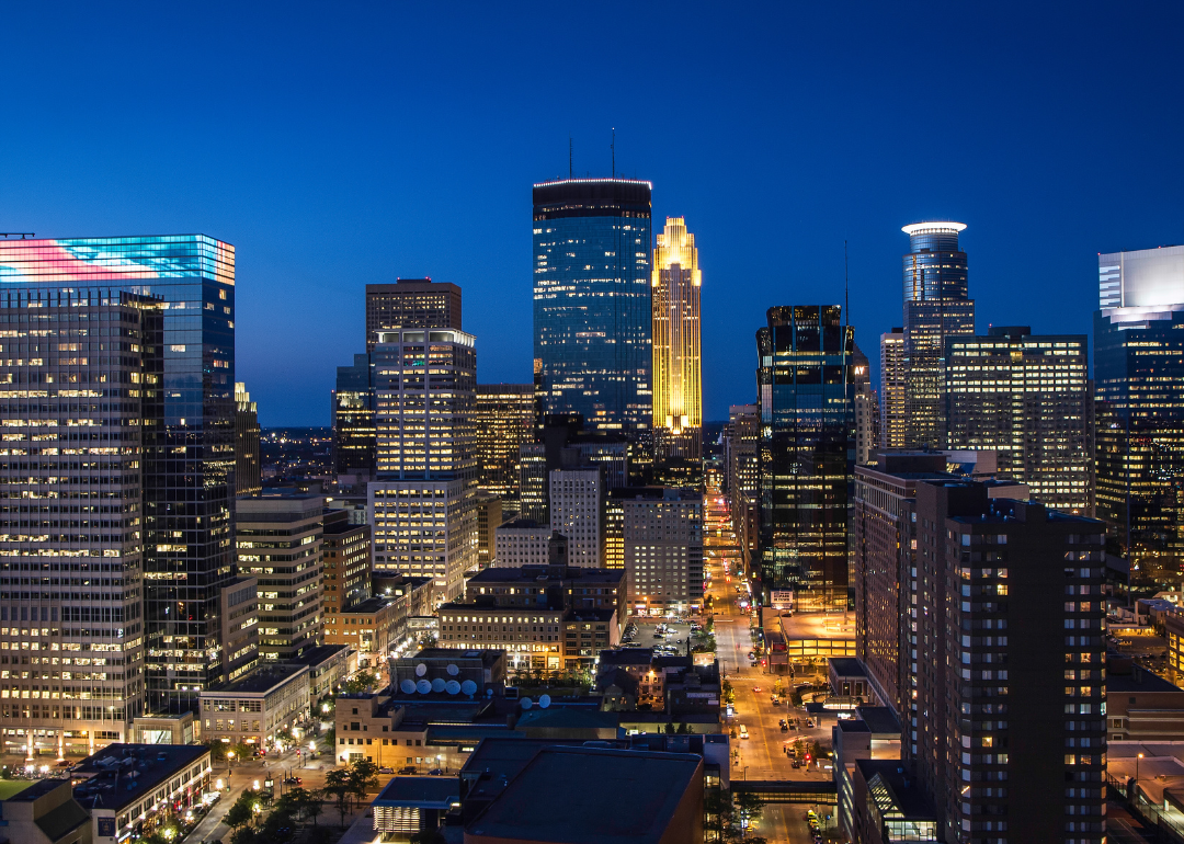 Minneapolis' skyline as seen at night.