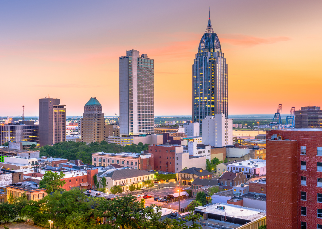 The Mobile skyline as seen at dusk.