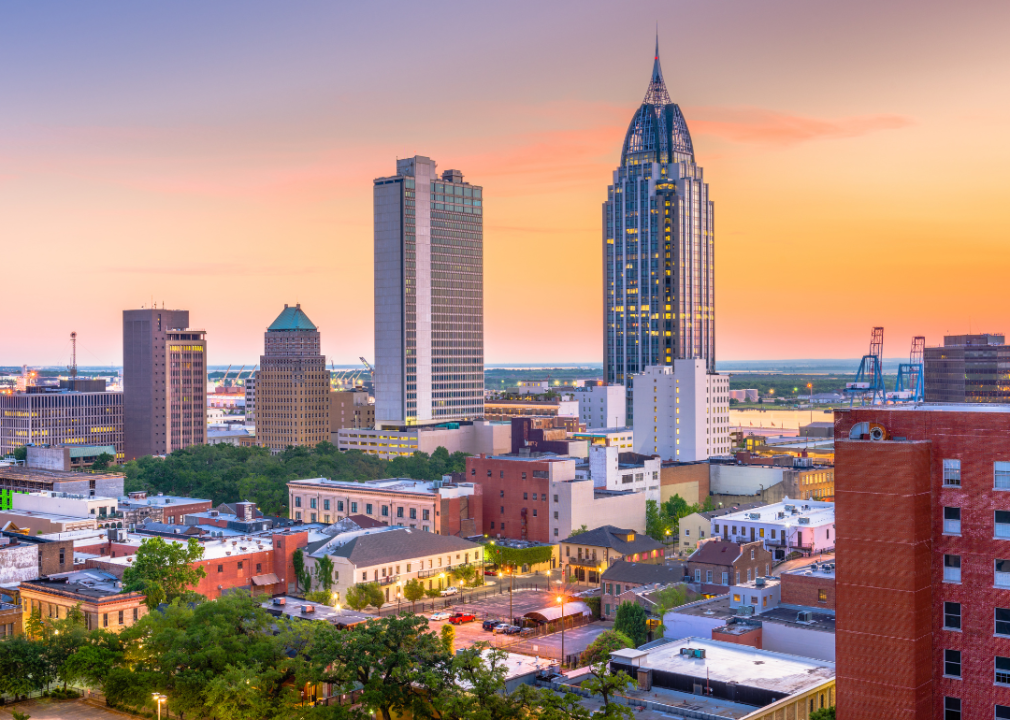 The Mobile, Alabama, skyline as seen at dusk.