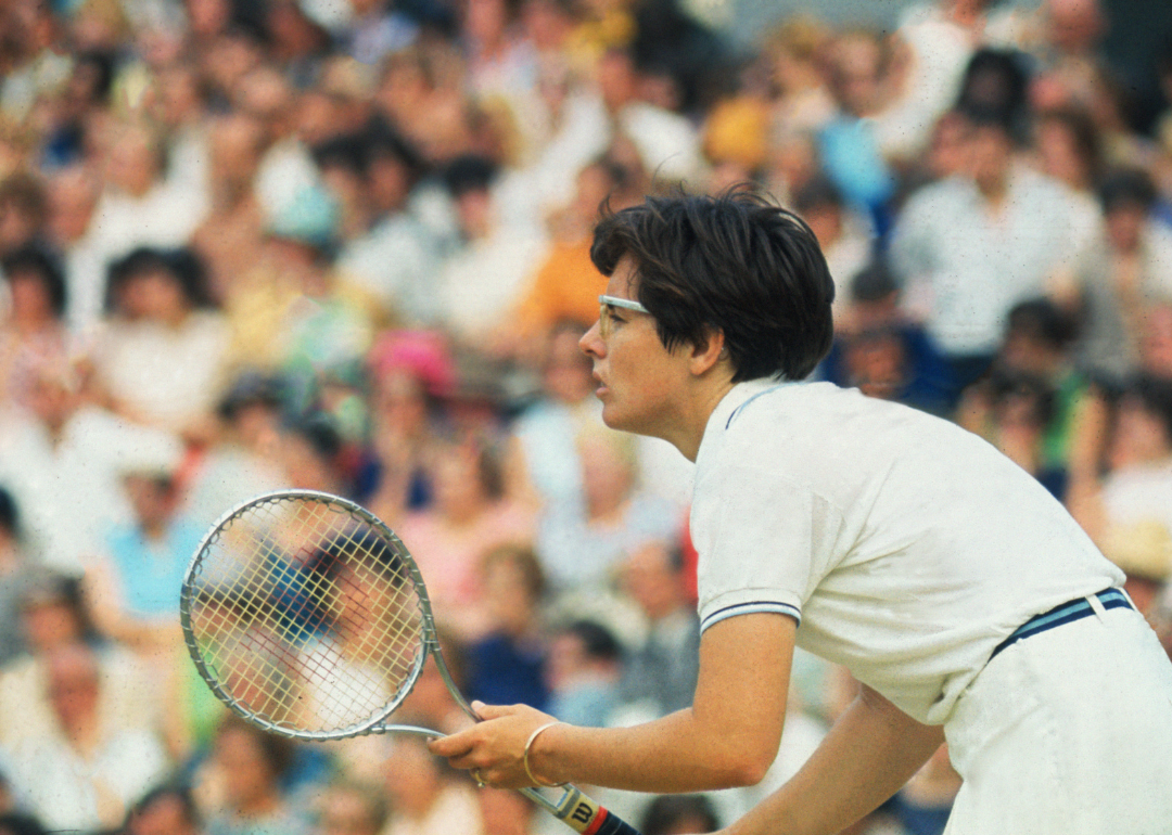 Billie Jean King in action during her 4-6, 7-5, 6-2 victory over Ann Jones of Britain in the semi finals of the ladies singles at Wimbledon.