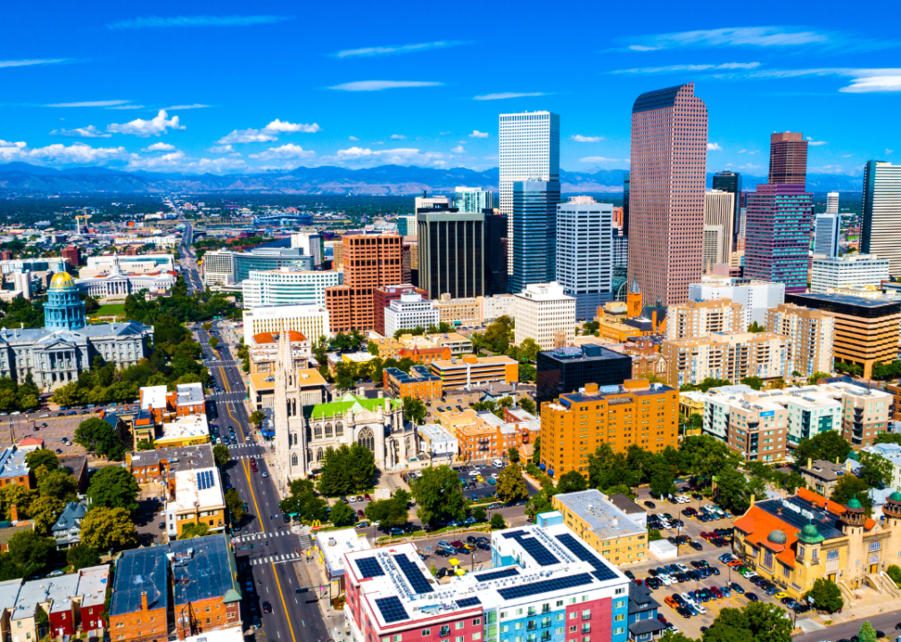 An aerial view of downtown Denver on a sunny day.