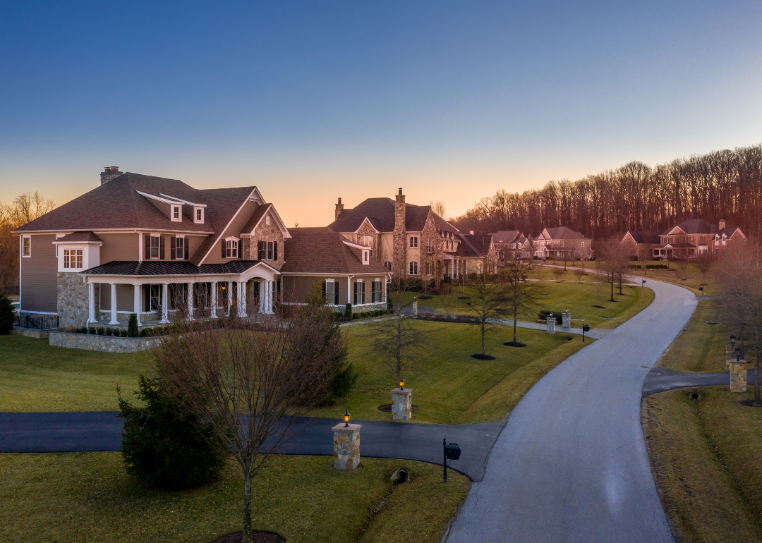 An aerial view of new construction, luxury, single-family homes in Maryland. 