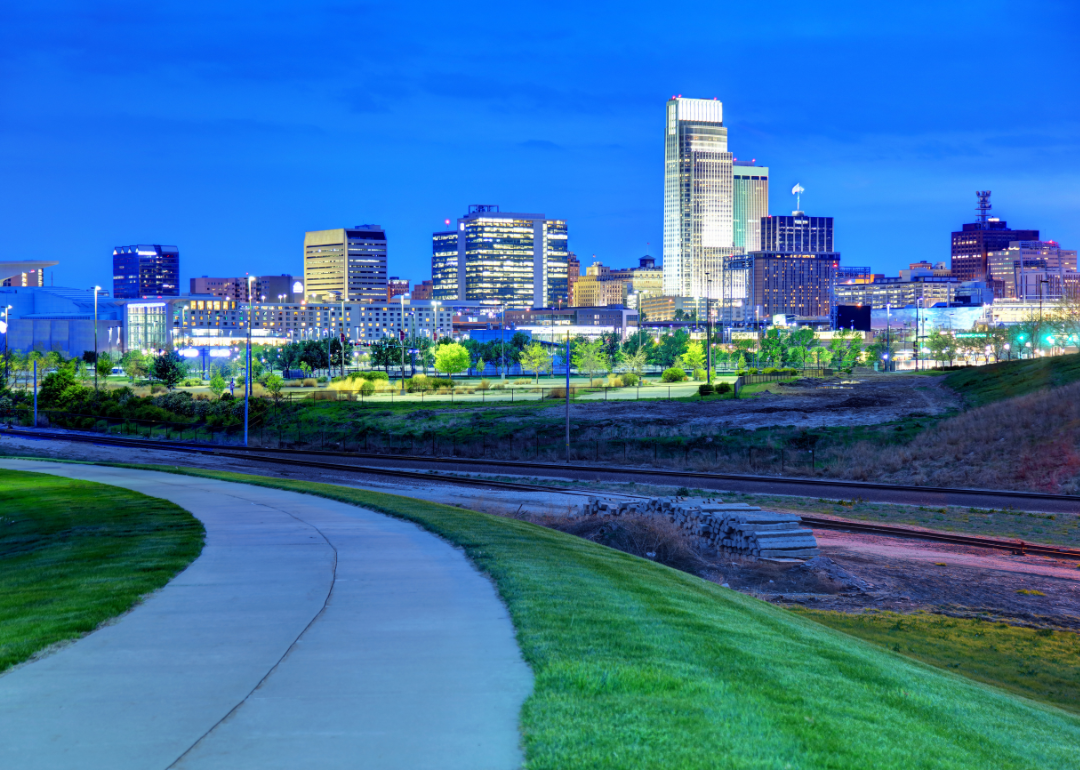 a view of the Omaha skyline at night.