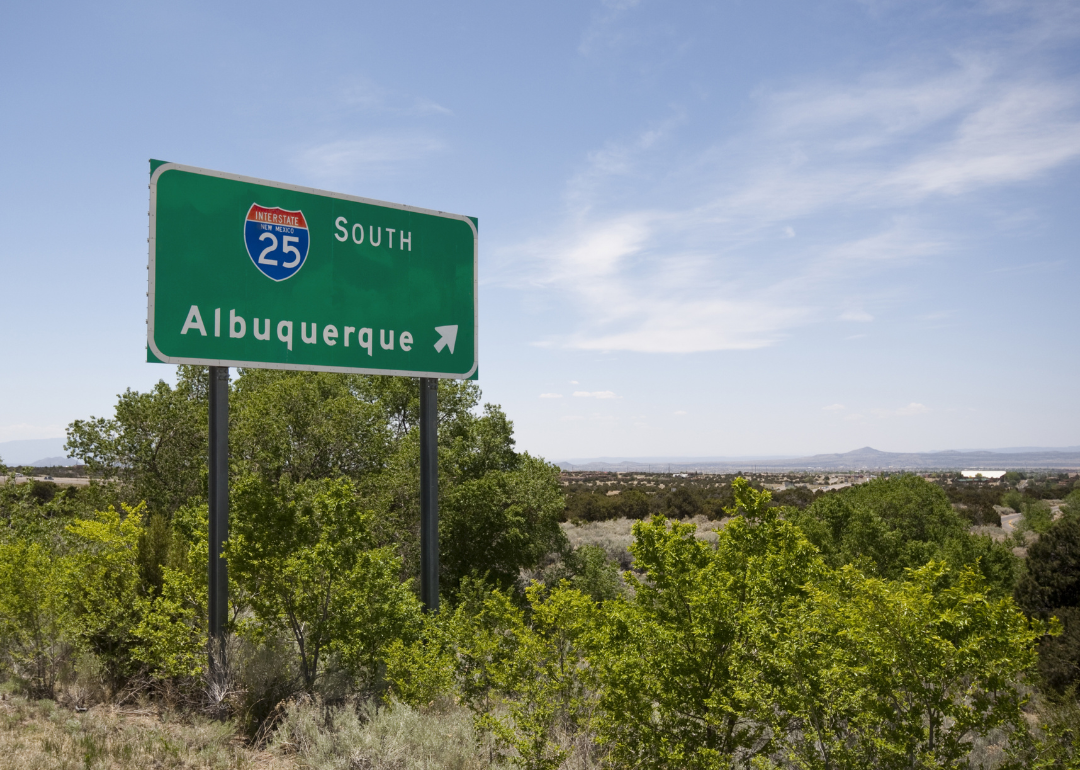 A road sign on I-25 pointing the way to Albuquerque, New Mexico.
