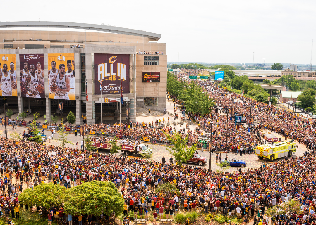 Cleveland fans celebrating during the Cleveland Cavaliers 2016 NBA Championship Victory Parade and Rally on June 22, 2016, in Cleveland, Ohio. 