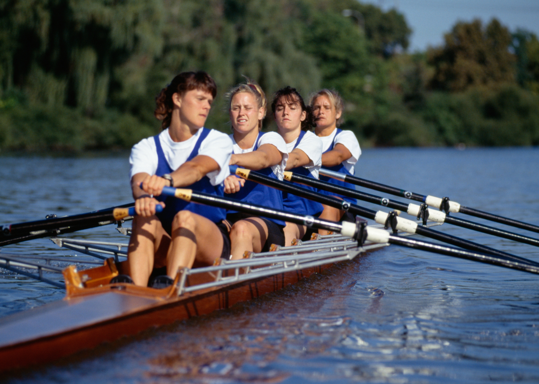 A crew team rowing
