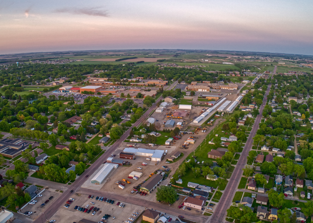 An aerial view of Watertown during a summer sunset.
