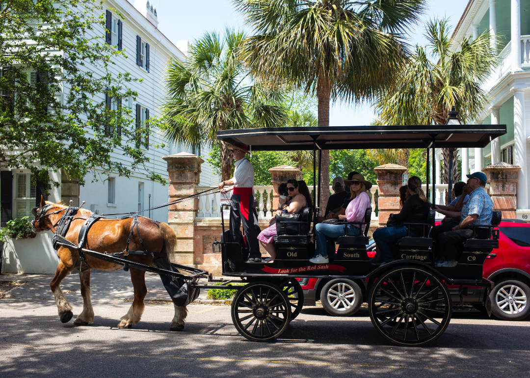 A horse-drawn buggy in the historic 19th-century downtown Charleston, South Carolina, on April 24, 2019.