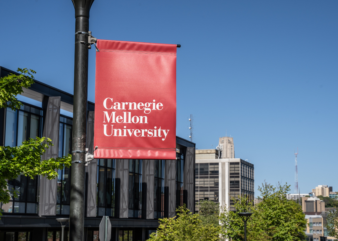 Carnegie Mellon University campus entrance sign with buildings in the background.