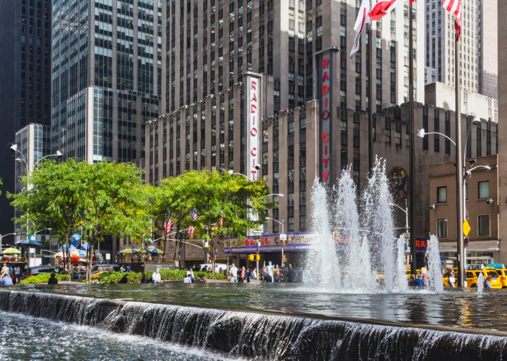 Radio City seen over the fountain on Sixth Street