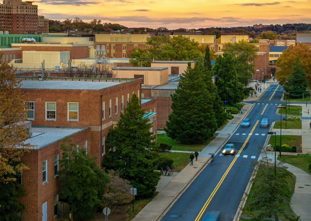 An aerial view of a street on the campus of the University of Maryland-College Park.