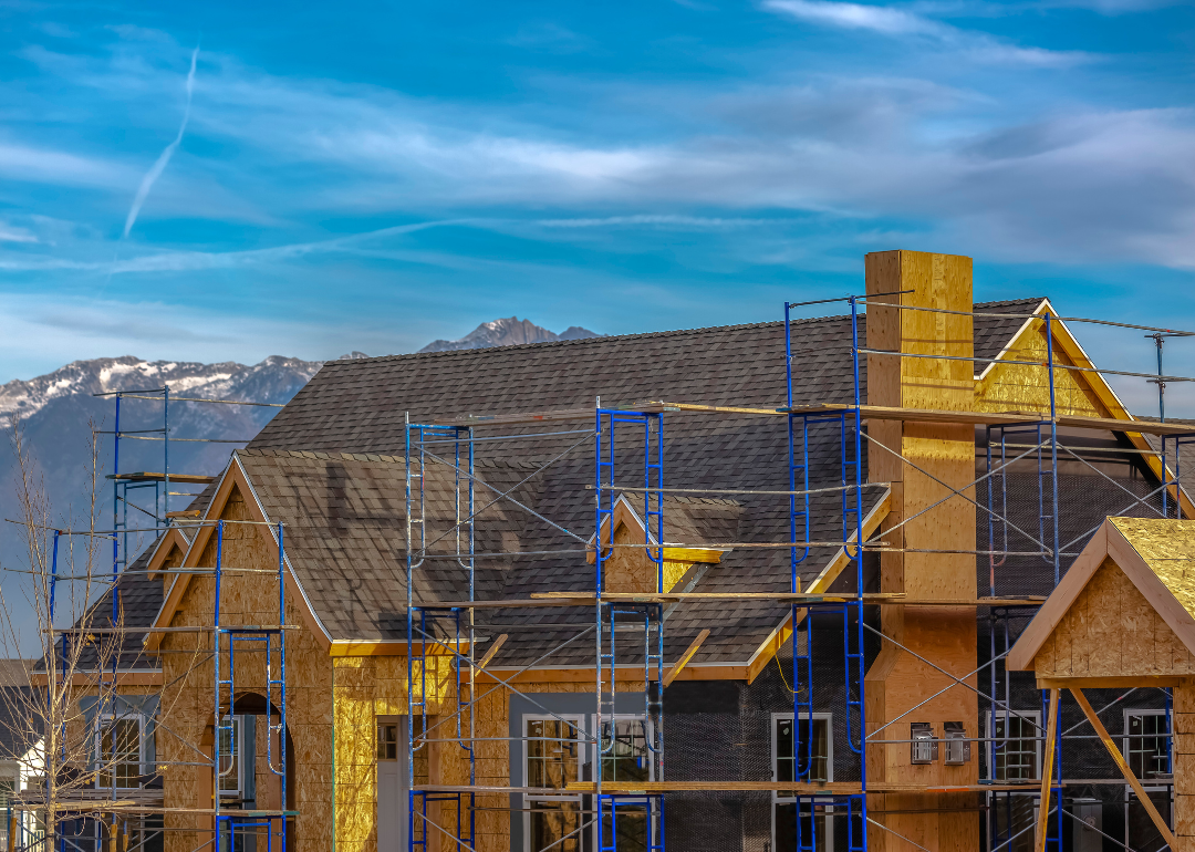 A new home being constructed with views of Mount Timpanogos in Daybreak.
