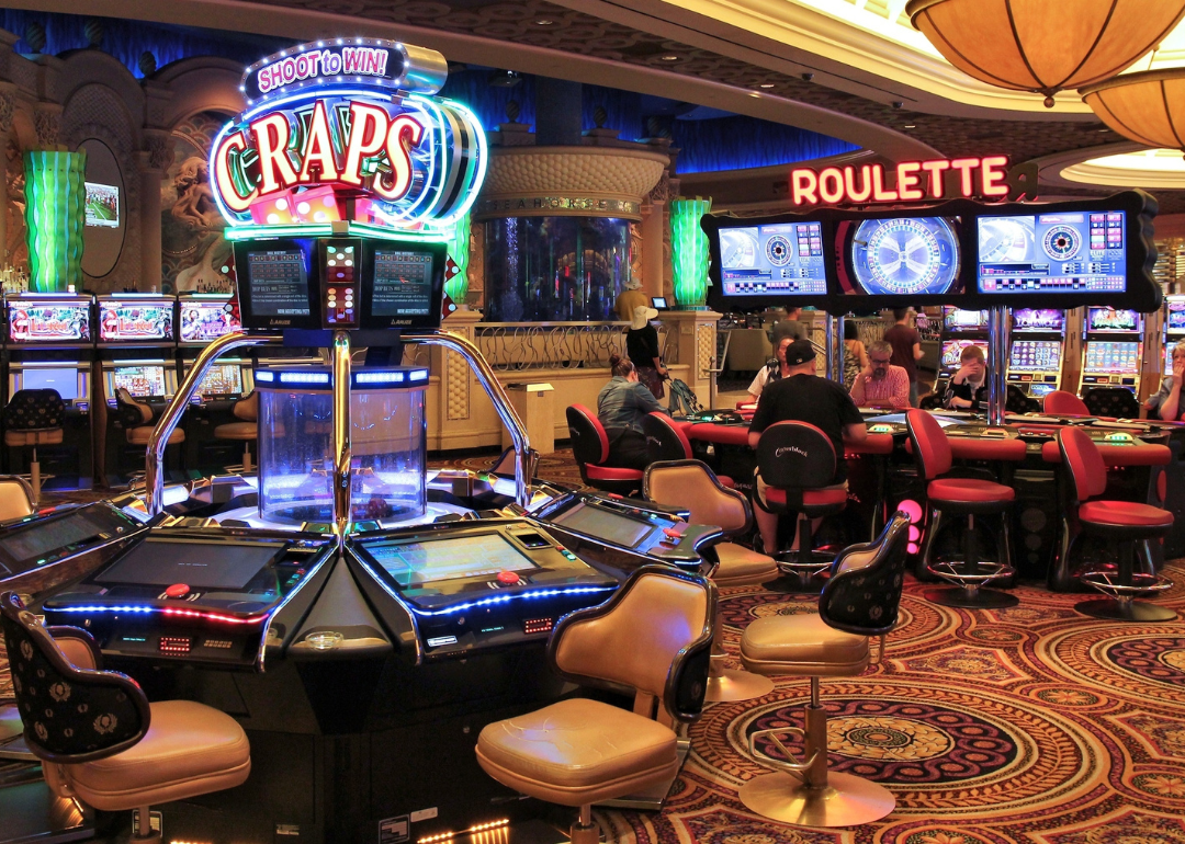 The brightly lit interior of a casino in Las Vegas.