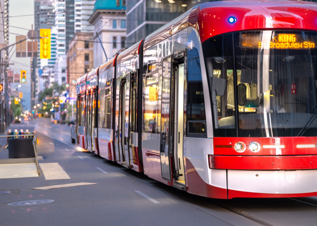A street car, or a bus-like vehicle for public transit, in downtown Toronto.