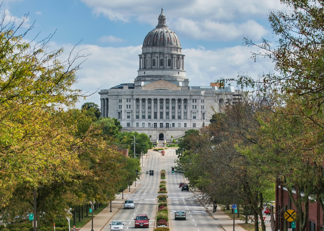A street-level view of the Missouri State Capitol.