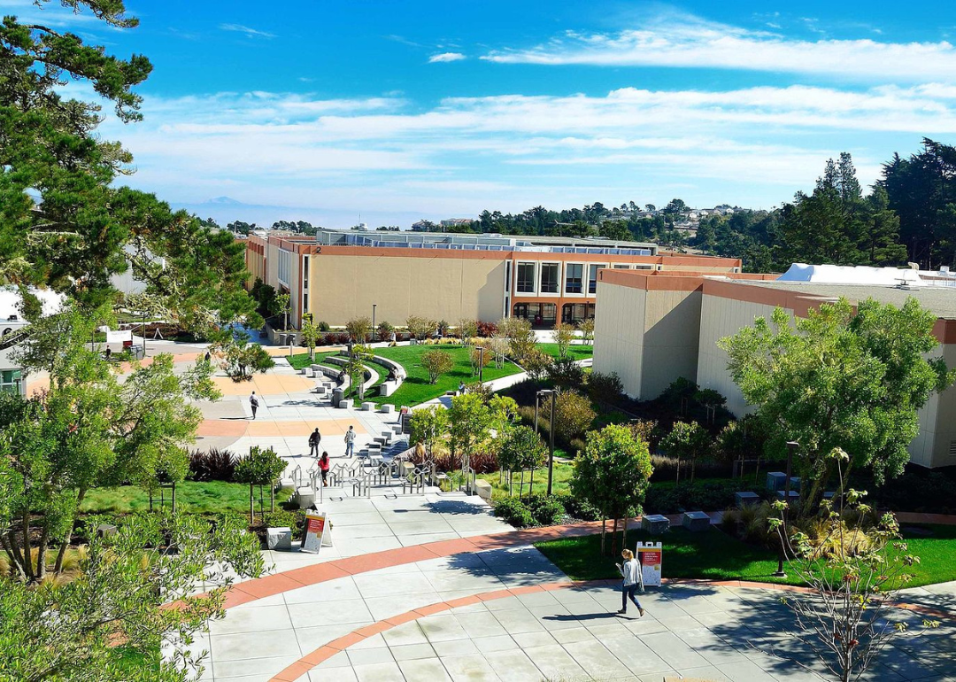 An aerial view of Skyline College - San Bruno on a sunny day.