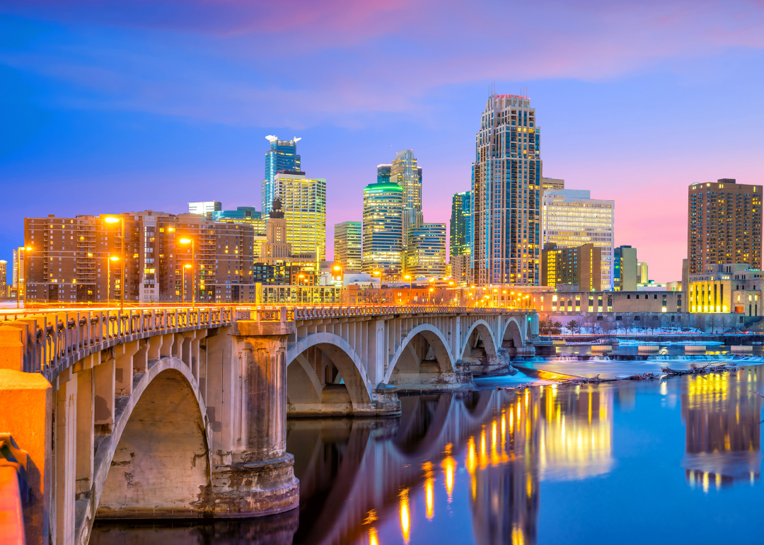 The downtown Minneapolis skyline as seen at night.