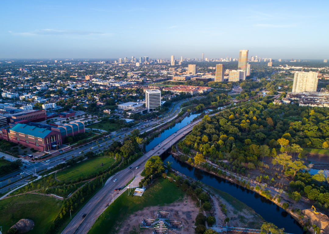 An aerial drone view of Houston looking down on the Buffalo River and Interstate 20.