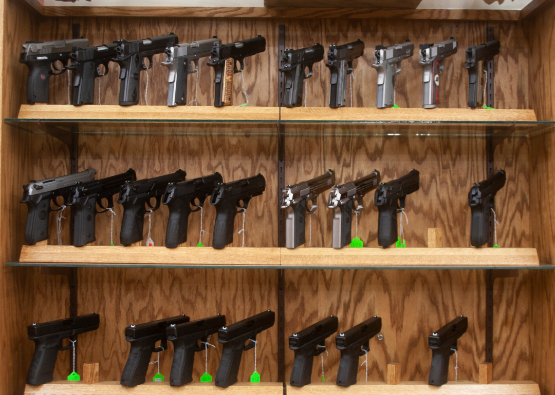 Handguns on display at a gun shop in Burlington.