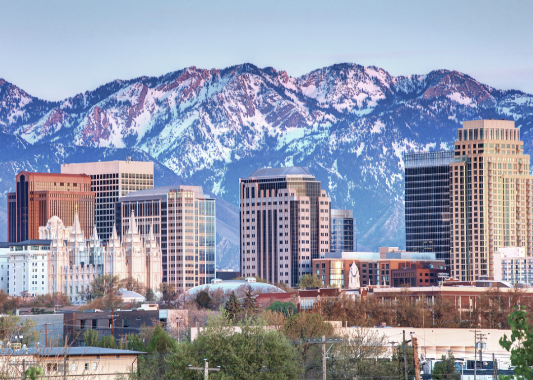 Salt Lake City as seen from afar on a sunny day.