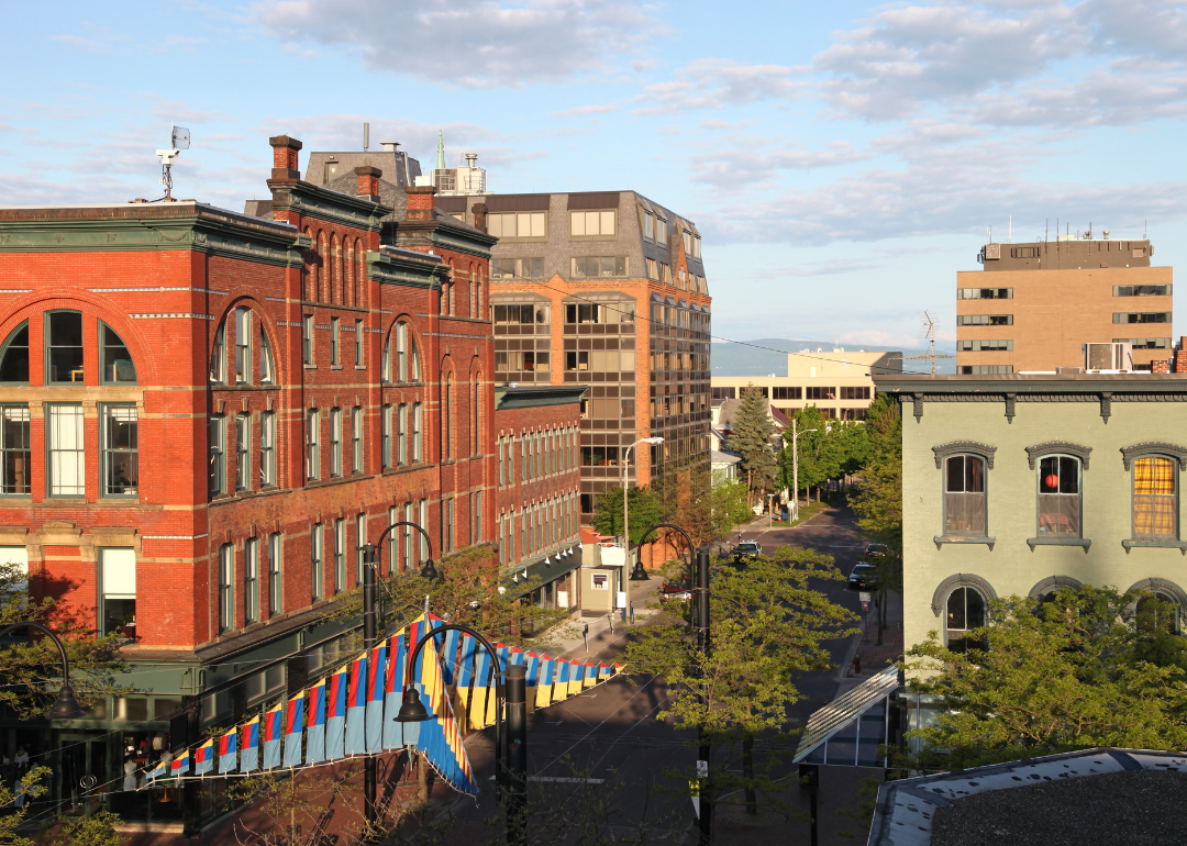 Buildings lining a street in downtown Burlington.