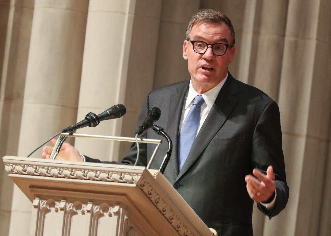 Sen. Mark Warner (D-VA) speaking at the funeral ceremony of the late Senator John Warner at Washington National Cathedral on June 23, 2021.