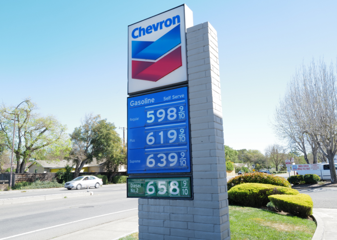 A gas station sign in Marin County, California shows a gallon of regular gas at $5.98.