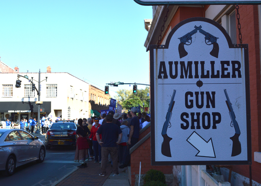 The sign for Aumiller Gun Shop in Westerville.