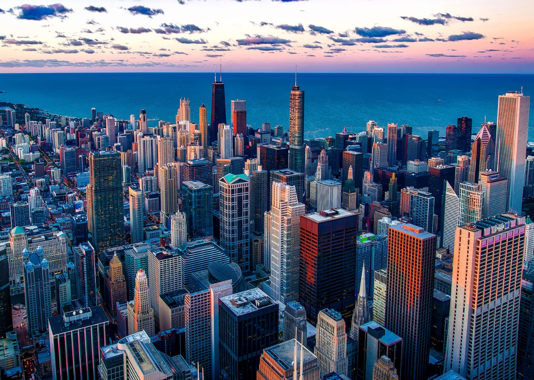 An aerial view of Chicago and Lake Michigan. 
