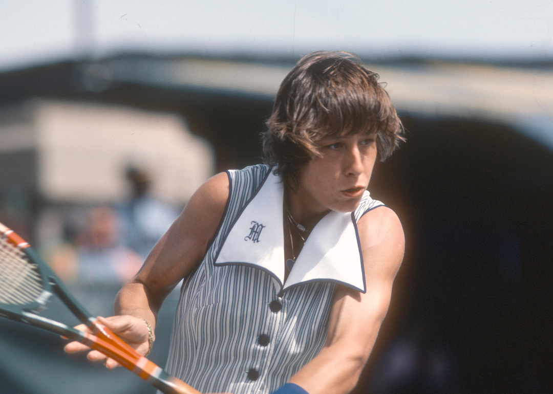 Tennis player Martina Navratilova of Czechoslovakia hitting a return during the women 1977 U.S. Open Tennis Tournament.