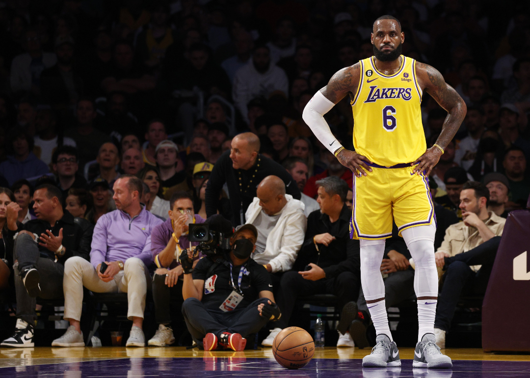 LeBron James standing with his hands on his hips after a foul during the first quarter of the LA Laker's game against the Denver Nuggets in game four of the Western Conference Finals at Crypto.com Arena on May 22, 2023, in Los Angeles, California.