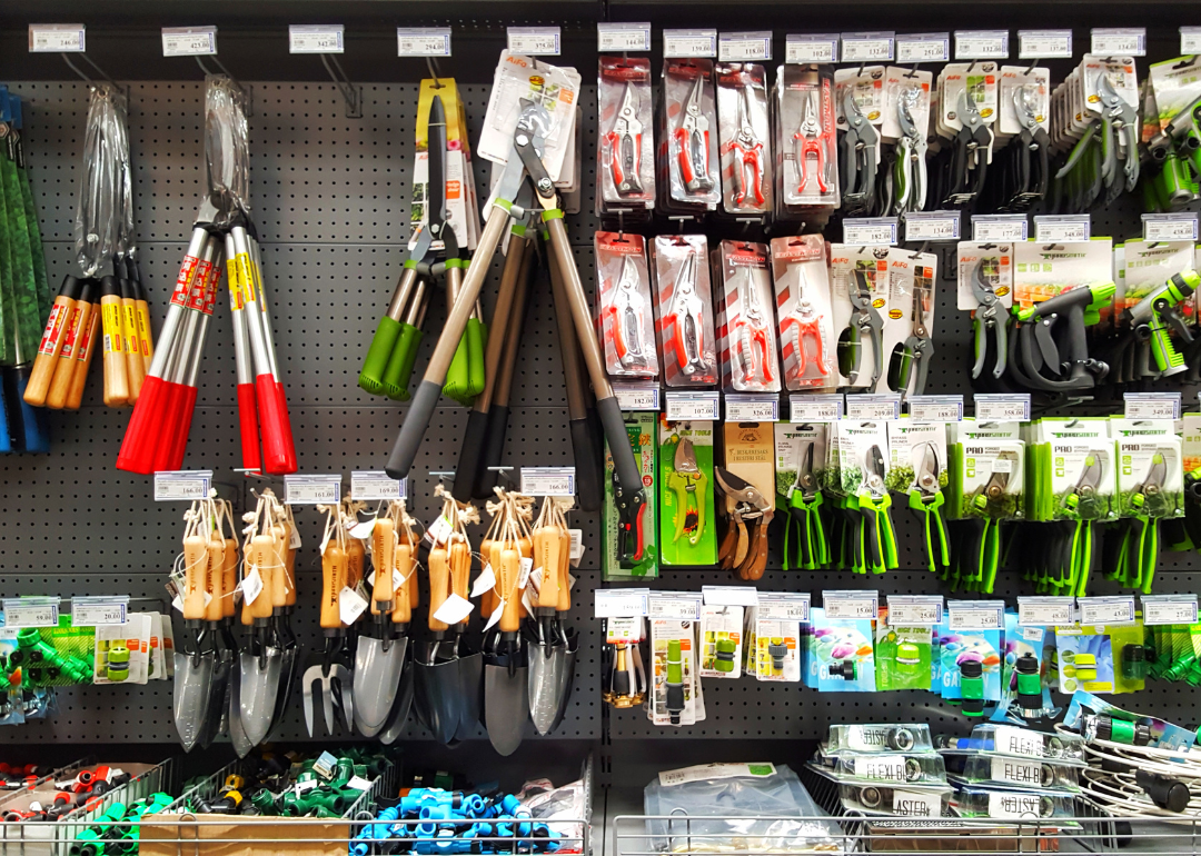 A display of garden equipment in a store.