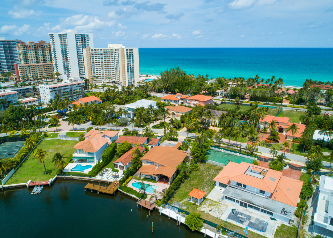 An aerial view of waterfront homes in Miami.