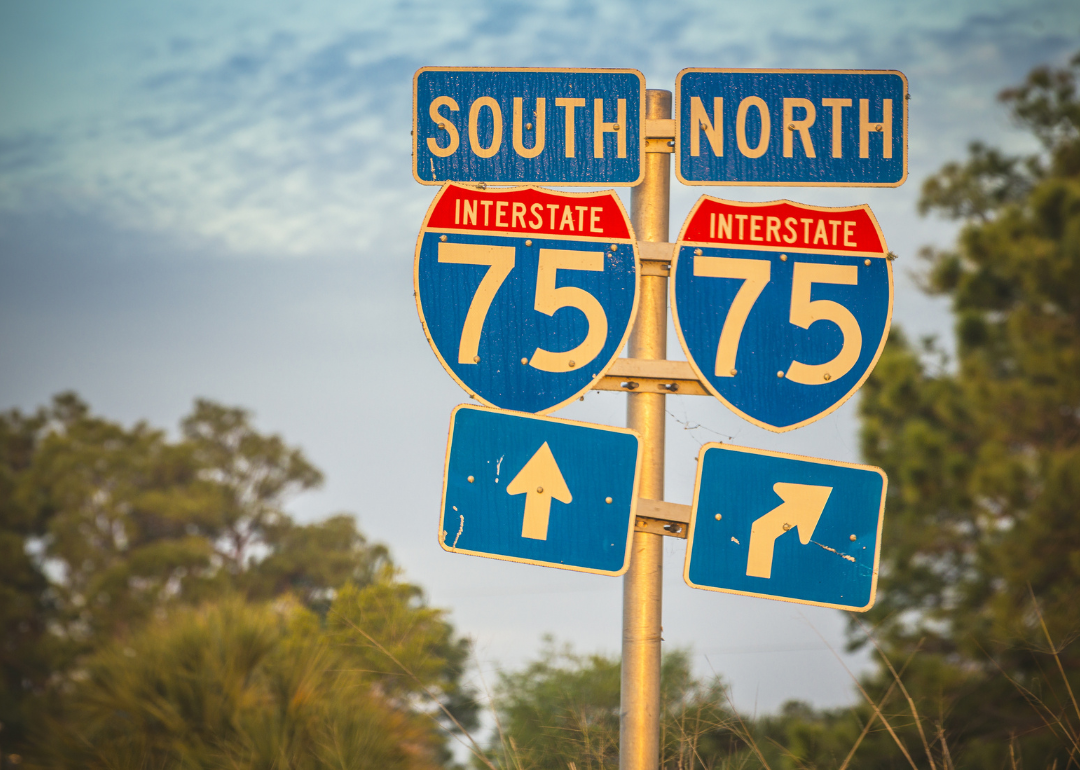 Directional signs along Interstate 75 in Florida at sunset.