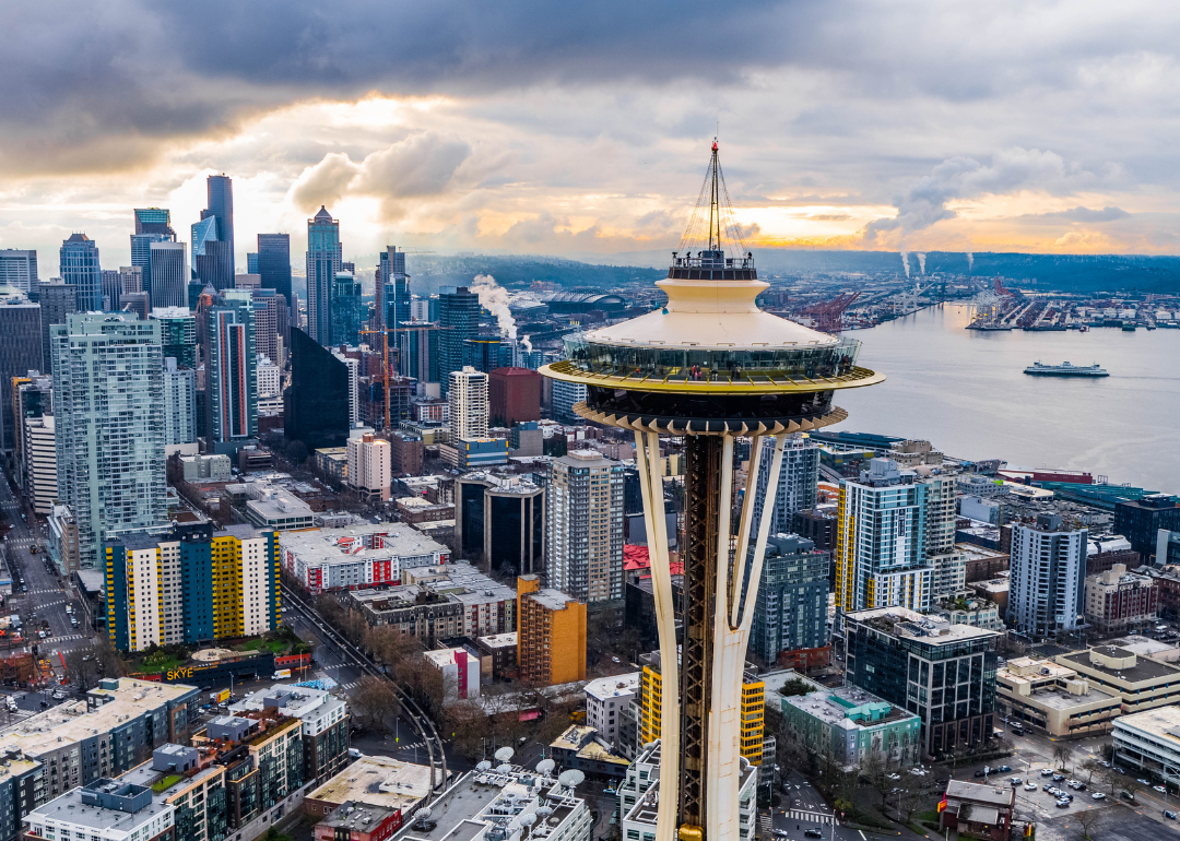 An aerial view of Seattle with the Space Needle in the foreground.