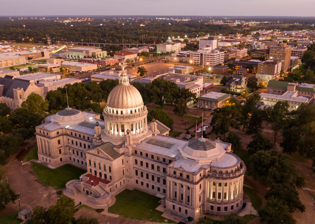 The Mississippi State Capitol in downtown Jackson at sunset.