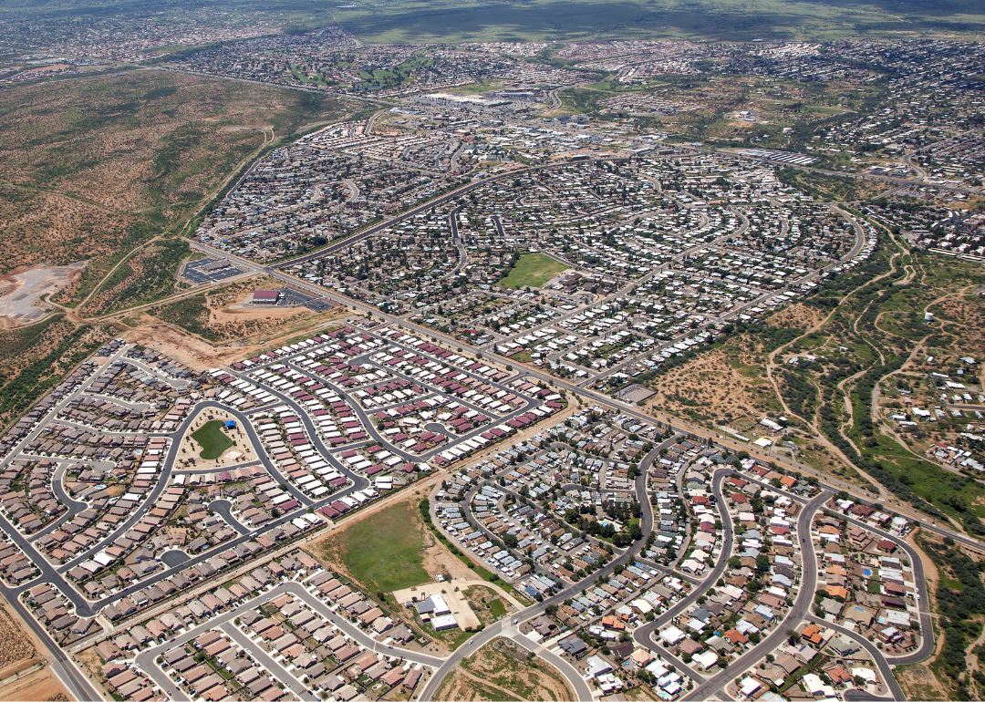 An aerial view the Huachuca Mountains and Sierra Vista.