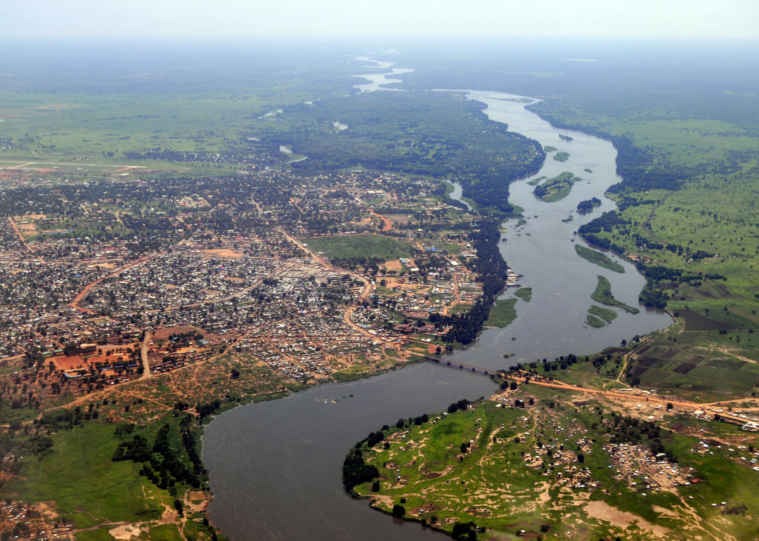 An aerial view of Juba, the capital of South Sudan, with the Nile River on the right