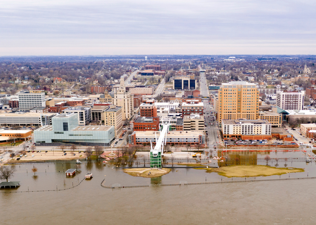 An aerial view of Davenport while the Mississippi River floods.