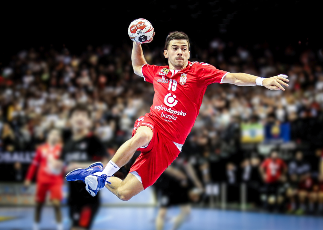 Handball player Nemanja Ilic of Serbia in a spectacular action during the Men