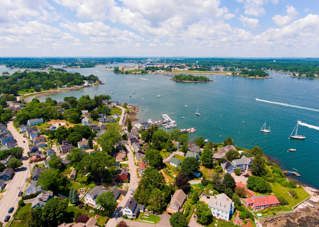 An aerial view of Portsmouth Harbor in New Castle on a summer day.