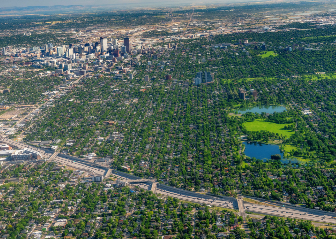 Interstate 70 passing by Denver, Colorado, as seen from above.
