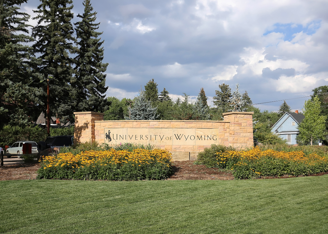 A University of Wyoming campus entrance sign as as seen in Laramie.