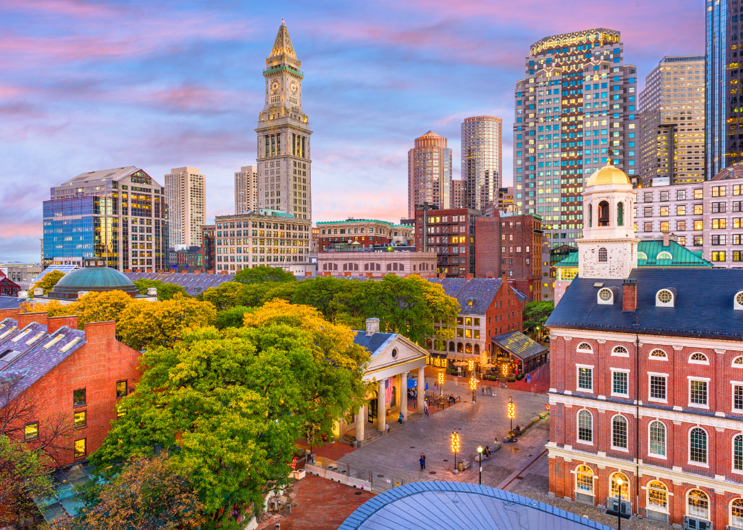 An aerial view of downtown Boston at dusk.