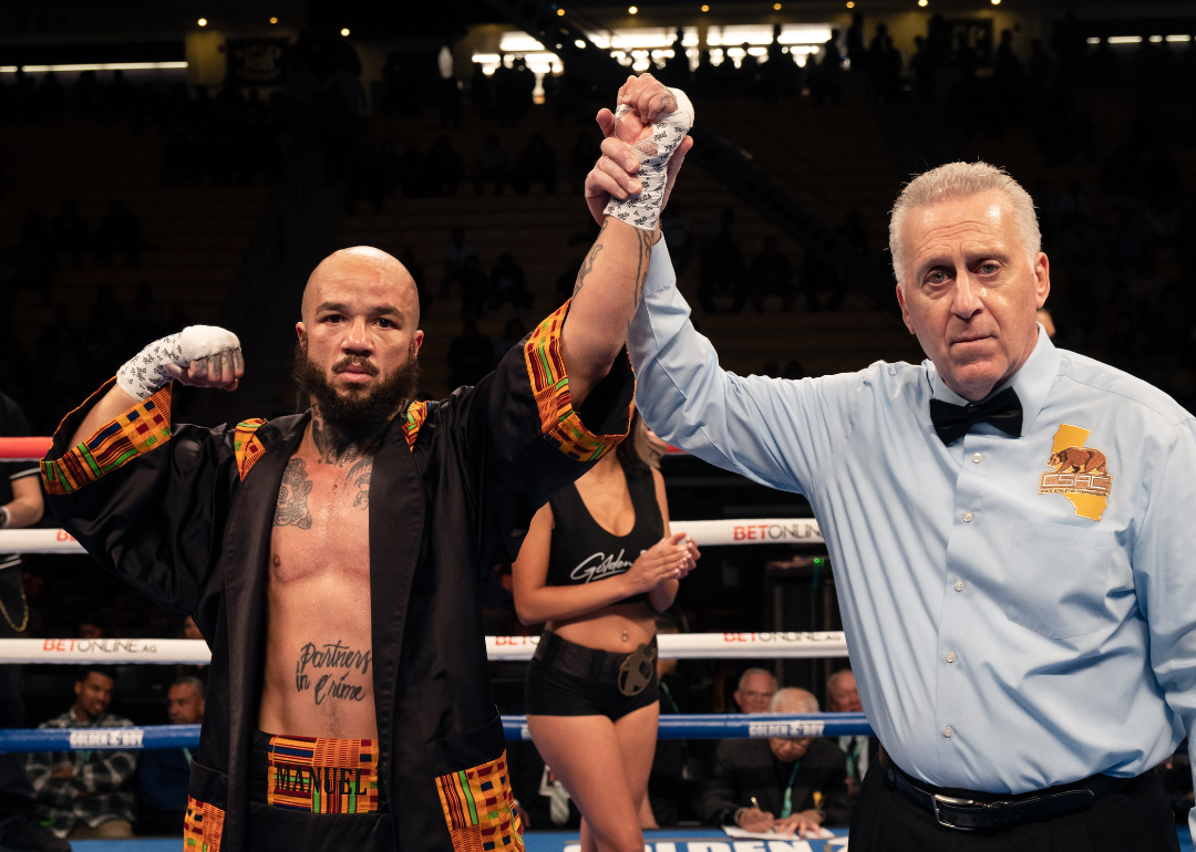 Patricio "Pat" Manuel is declared the winner after defeating Hien Huynh at Walter Pyramid on March 18, 2023, in Long Beach, California.