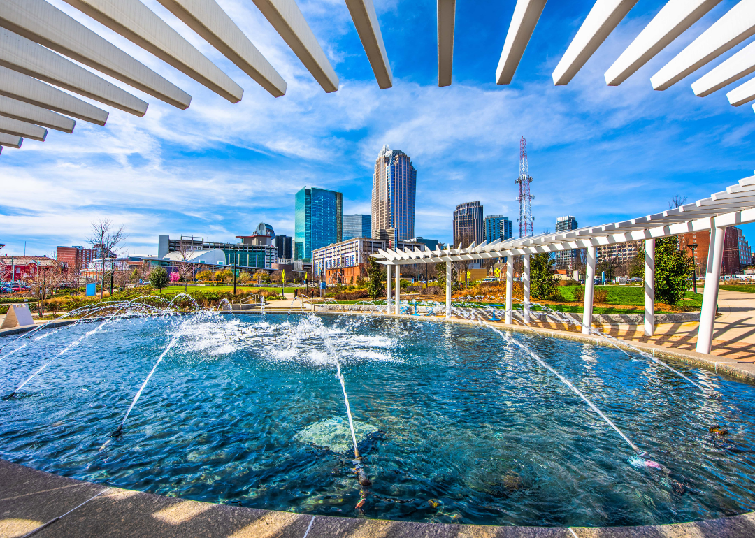 The Charlotte skyline as seen from First Ward Park Fountain.