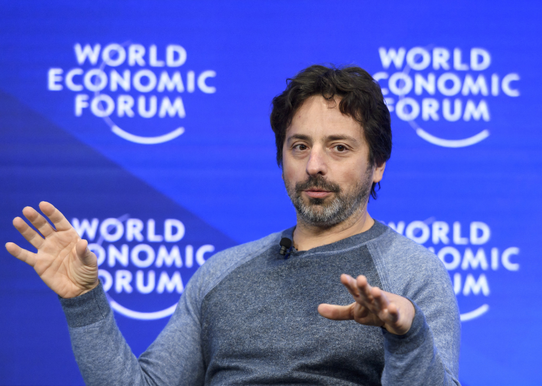 Google co-founder Sergey Brin gesturing during a session of the World Economic Forum, on January 19, 2017, in Davos.