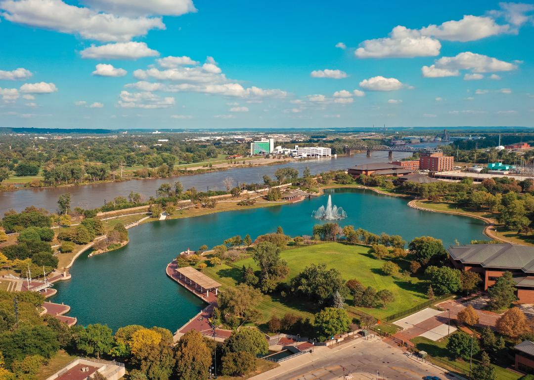 An aerial view of Heartland of America Park in Council Bluffs and Omaha.